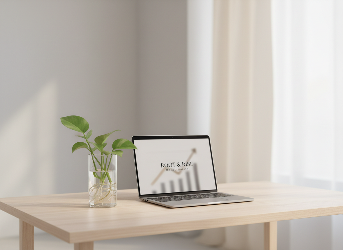 Minimal, modern marketing and branding workspace for Root & Rise Marketing Co: a clean light-wood desk with a single glass vase holding a small plant cutting with visible roots in water, next to a slim laptop showing blurred analytics, soft neutral background, lots of white space, calm and professional aesthetic