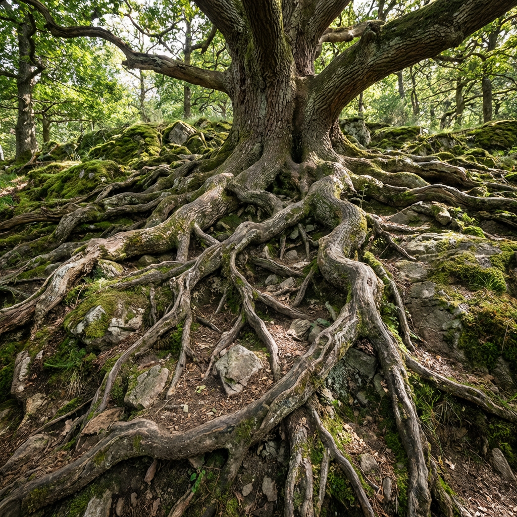 Massive, gnarled tree roots spread across a mossy, rocky slope in a sunlit forest.